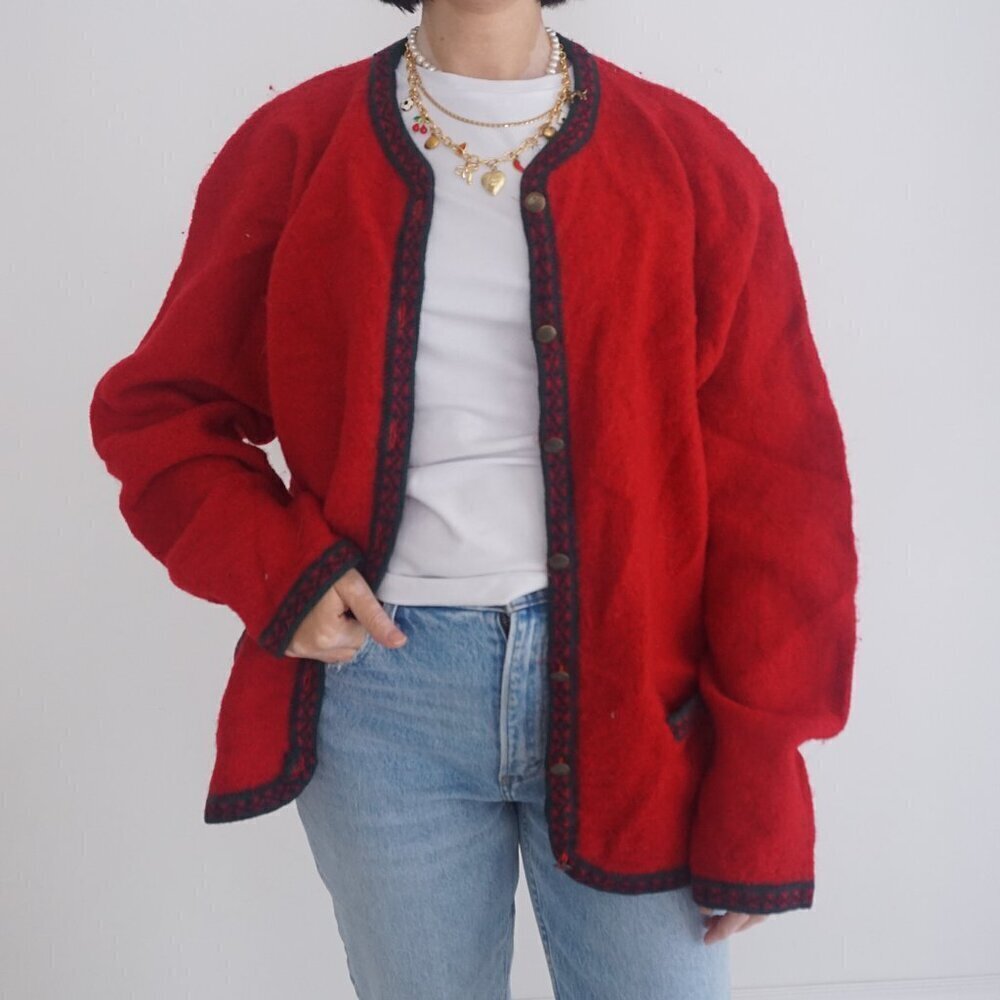 Vintage Two Roads Red 100% Wool Button Up Cardigan Sweater M